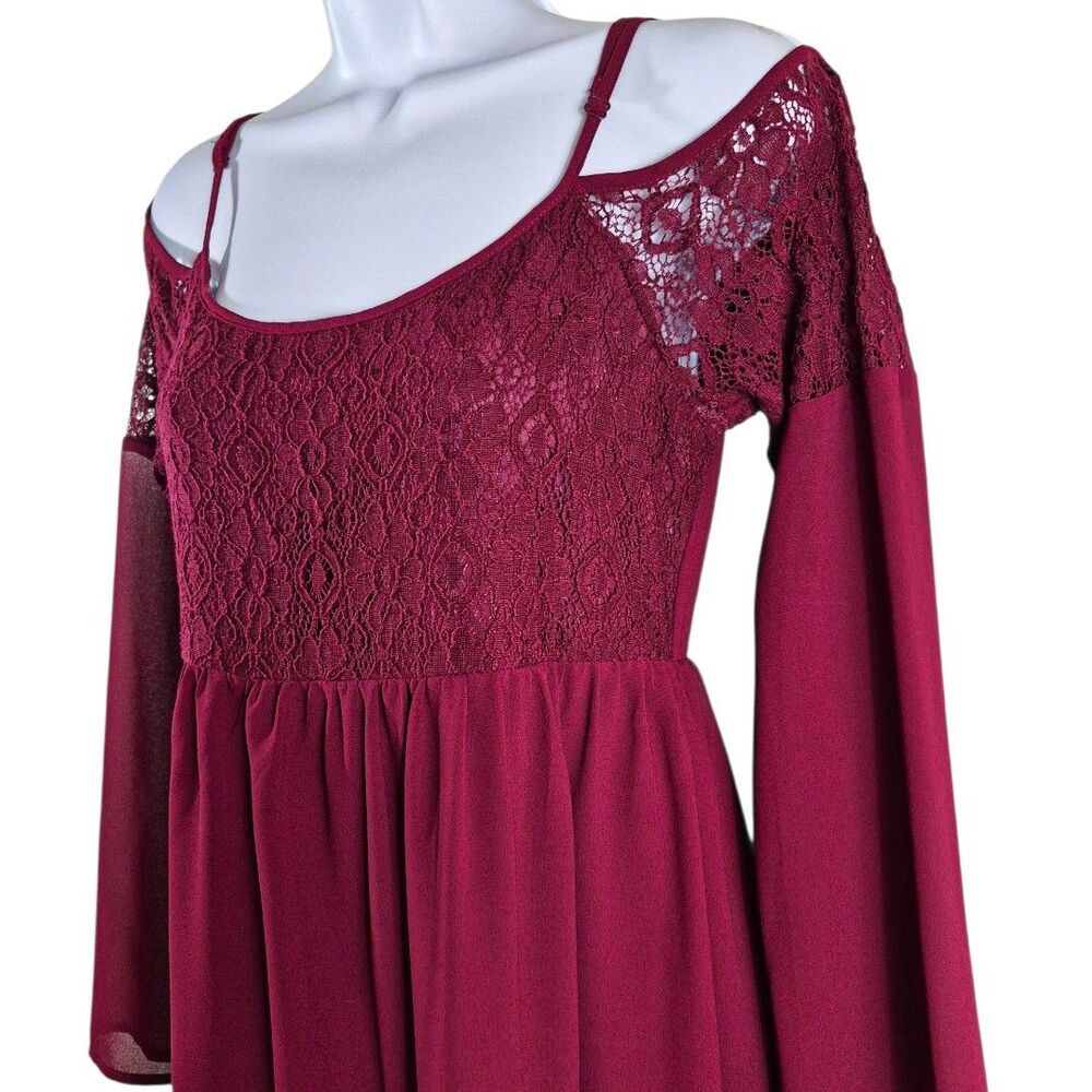 Altar'd State S Coquette Burgundy Lace Bell Sleeve Cold Shoulder Boho Midi Dress - Picture 4 of 10